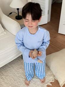 Hapijoa 嬰兒/幼兒(男童)圓領短袖T恤與格紋長褲套裝家居服 - 藍色 - 查看 3
