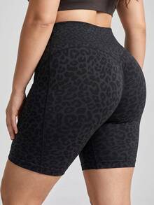 SHEIN Rhythm Era 1 pièce Short de sport sans couture sexy pour femmes grande taille, imprimé léopard, rayure latérale, effet amincissant, pour la course, le fitness, l'entraînement, le yoga, l'extérieur, couche de base, 5 pouces - Noir - Voir 2