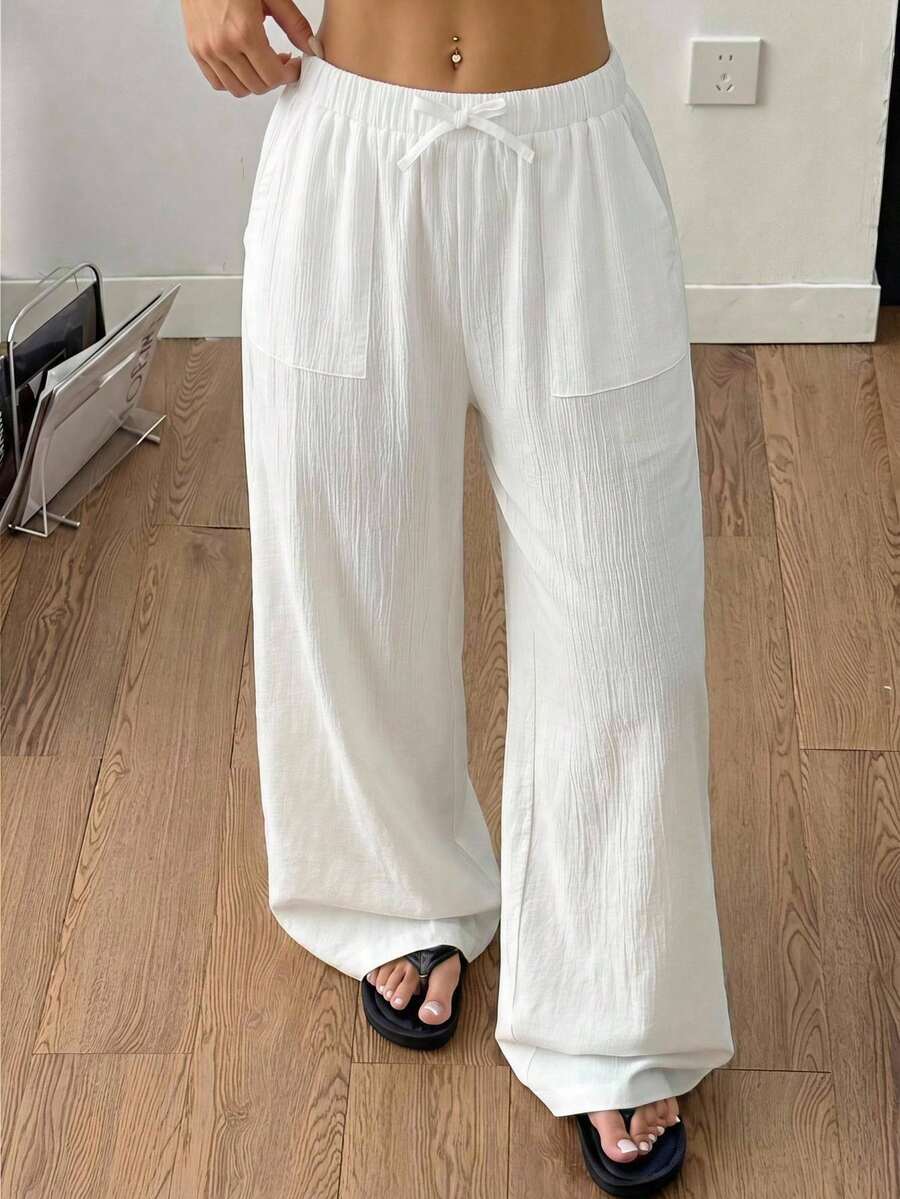 SHEIN Teen Girls Casual Vacation White Woven Textured Bow Decor Loose Wide Leg Long Pants - White - View 1