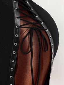 Amplova Damen Kleid in mittlerer Länge mit Spaghettiträgern, Ring-Detail, Schlitz und Bindeband - Schwarz - Übersicht 7