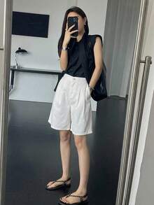 DAZY 女款純色休閒腰部鈕扣口袋膝長褲 夏季 - 白色 - 查看 3