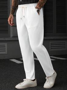 SLATEMANN Men's Solid Color Drawstring Waist Casual Versatile Daily Travel Long Pants - White - View 3