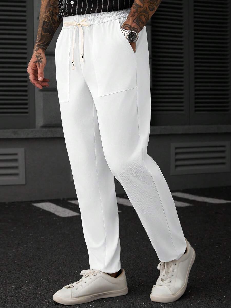 SLATEMANN Men's Solid Color Drawstring Waist Casual Versatile Daily Travel Long Pants - White - View 1