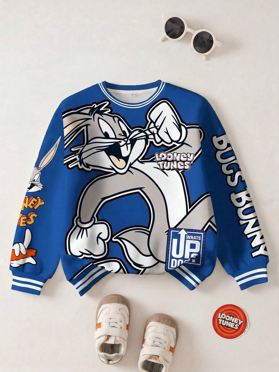 LOONEY TUNES X SHEIN 青少年男童休闲时尚街头可爱卡通兔子字母印花落肩宽松撞色条纹饰边抓绒卫衣,秋冬Y2K风格卫衣,儿童卫衣,男童Y2K服装 - 白色 - 查看 1