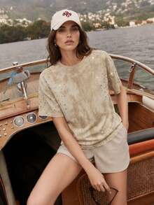 Anewsta Women's New Summer Casual Streetwear Round Neck Short Sleeve Loose Rhinestone Decor Sandwashed Fabric T-Shirt, Suitable For Daily, Vacation - Khaki - View 7