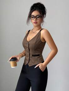 Selianne 女款對比色單排扣休閒百搭日常外出上衣 - 棕色 - 查看 6