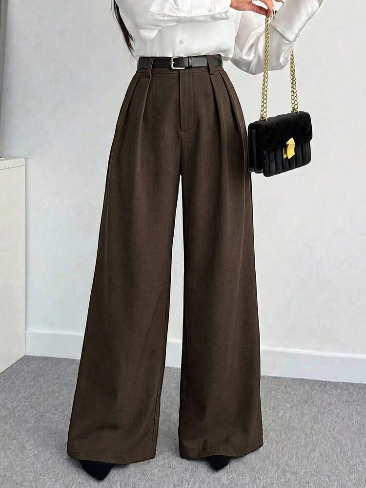 SHEIN Tall CURVE CURVE Plus Size Women's Chocolate Brown Wide Leg Pants,Elegant Formal High-Waisted Pleated Trousers For Autumn,Old Money Style Tall Girls Office Pants - Coffee Brown - View 5