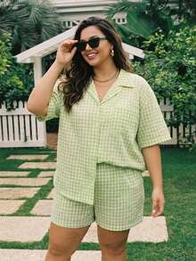 Dazy Plus Plus Size Women Plaid Ruched Texture Loose Top And Shorts Pajama Set, Cute Summer Sleepwear - Mint Green - View 10