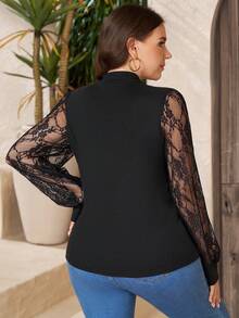 Comfylo Plus Size Women's Lace Patchwork Sexy Casual Elegant Versatile Date Bussines Dinner Formal Wedding Guest Night Outing Top Autumn Black Fall - Black - View 2