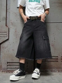 Manfinity EMRG Pantalones cortos vaqueros de pierna ancha casuales con bolsillo sesgado y borde deshilachado de unicolor para hombres - Negro - Ver 5