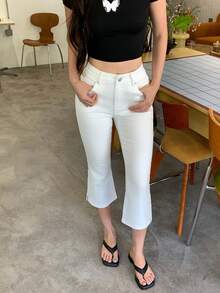DAZY 女款休閒百搭喇叭褲 7/8 長度牛仔褲 側口袋 夏季 - 白色 - 查看 5