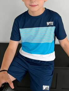 SHEIN 2pcs Kids Tween Boy Casual Comfortable Fashionable Minimalist Crew Neck Short Sleeve T-Shirt And Shorts Set, Classic Cool Striped Pattern Print, Color Block Pattern Print, Exquisite Palm Tree Small Logo Pattern Print, Suitable For Spring And Summer - White - View 4