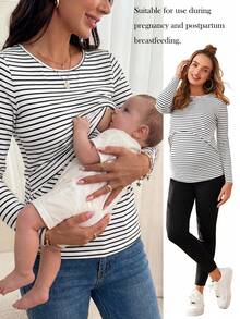 SHEIN Maternity Striped Print Nursing Detail Tee With Long Sleeve World Cup - White - View 1
