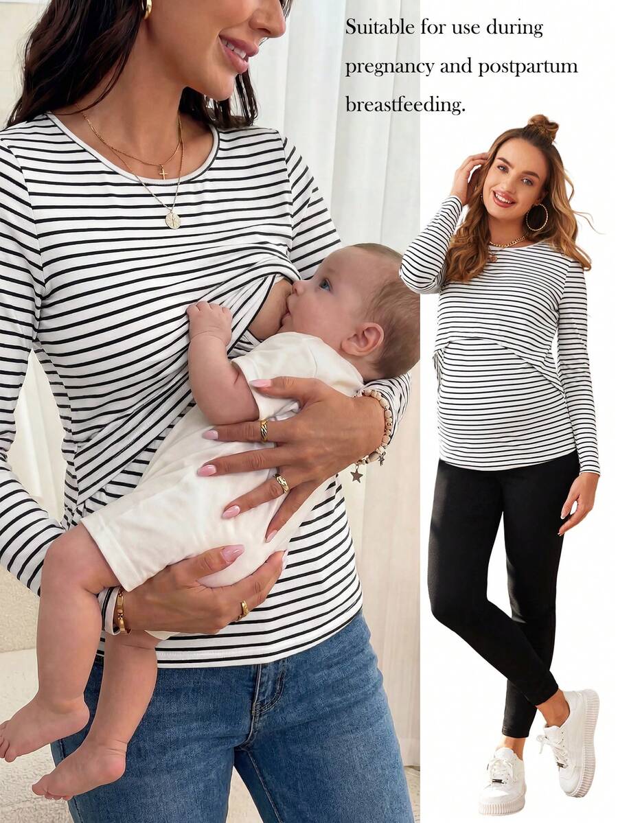 SHEIN Maternity Striped Print Nursing Detail Tee With Long Sleeve World Cup - White - View 1