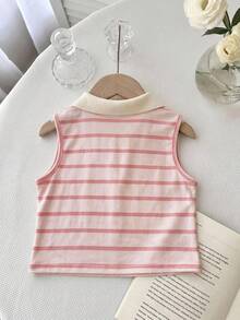SHEIN 少女針織條紋休閒上衣、背心上衣、夏季、嬰兒、夏季上衣條紋 Polo 衫條紋上衣 - 粉色 - 查看 5