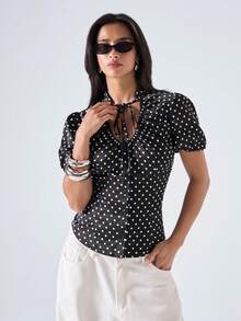 LYSMO Women's Polka Dot Pattern Tie Neck Short Puff Sleeve Blouse - Black - View 5