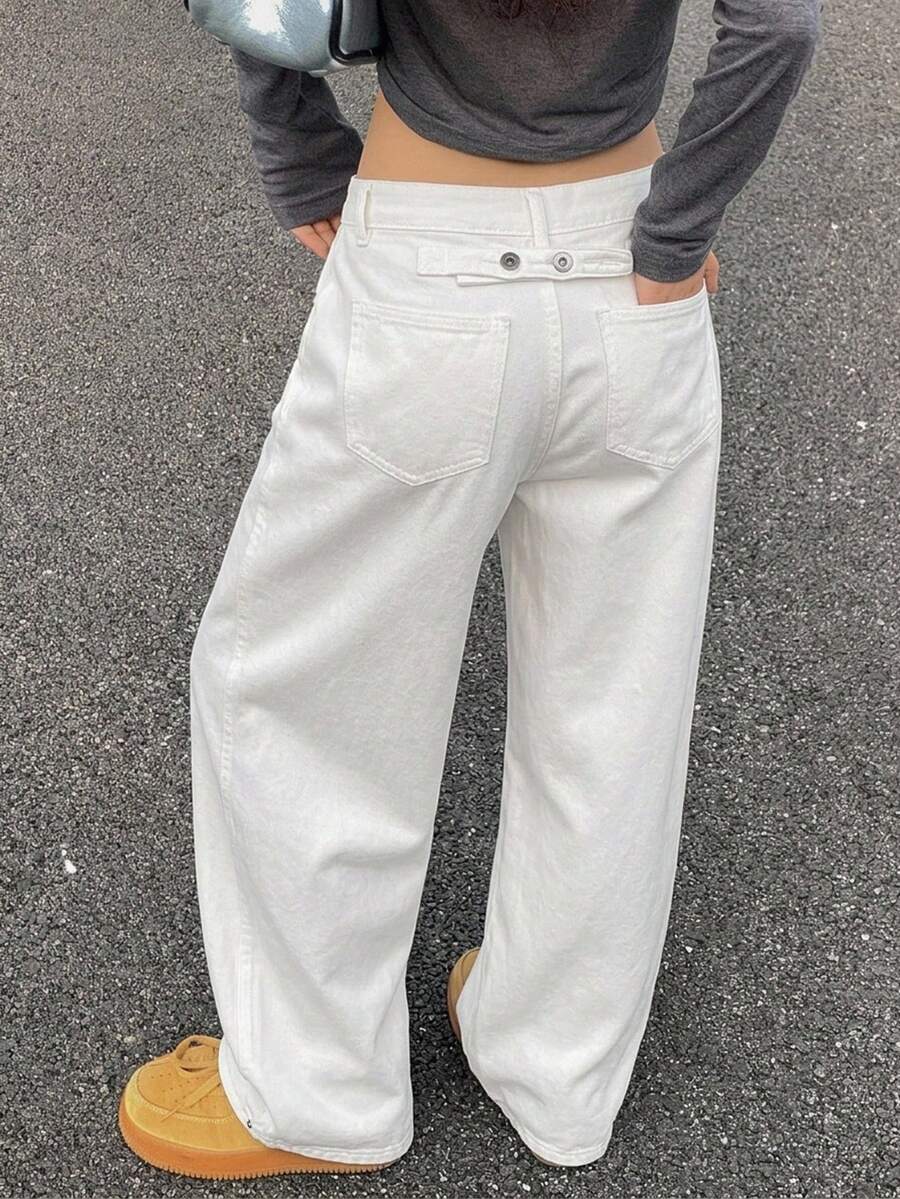 DAZY Solid Color Loose Button Decor Cuffed Hem Straight Leg Jeans - White - View 1