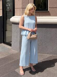 Dripcurv Women's Baby Blue Summer Smart Casual Vacation Two Piece Set,Textured Sleeveless Ruffled Pullover Top & Pocketed Wide-Leg Pants Plus Size Elegant - Blue - View 5