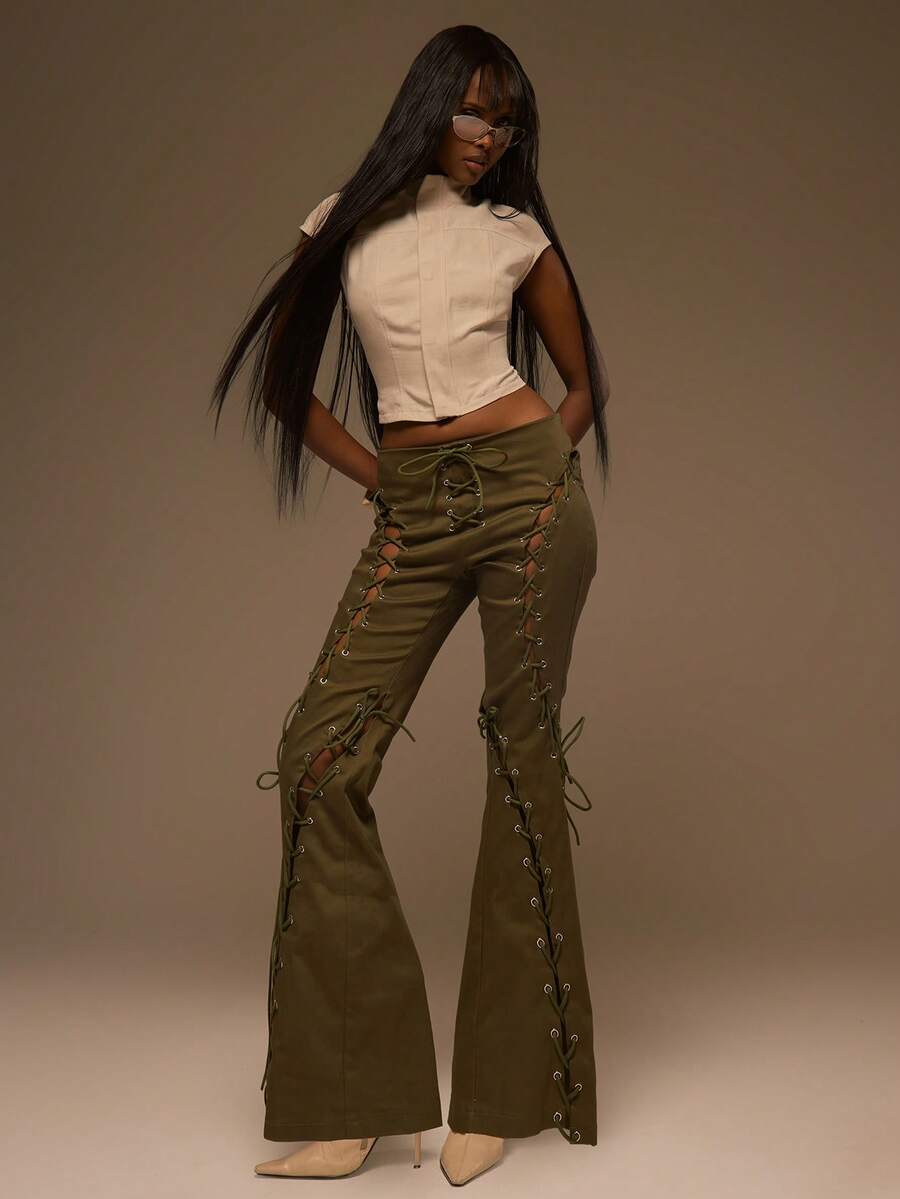 MUSERA Green Denim Lace Up Front Flare Trousers - Dark Green - View 1