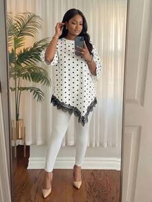 SHEIN Lady Chic Polka Dot Short Sleeve Tunic Top With Black Lace Detail And Irregular Hem - Black and White - View 3