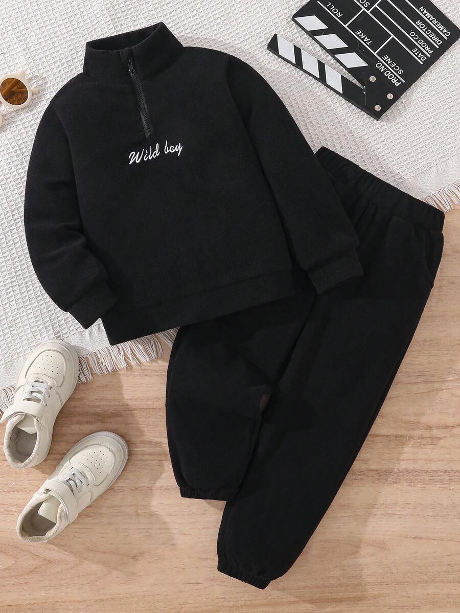 SHEIN Setelan 2 Potong Sweatshirt dan Celana Olahraga Kasual Musim Gugur/Dingin untuk Anak Laki-Laki - Hitam - View 1