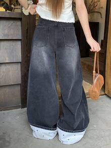 FRIFUL Celana Jeans Denim Wanita Kasual Serbaguna untuk Aktivitas Sehari-hari dengan Potongan Lebar dan Kantong - Hitam - View 8