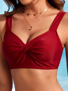 Swim Lushoire Women's Summer Beach Solid Color Ruched Fashion Bikini Top - Red - View 4