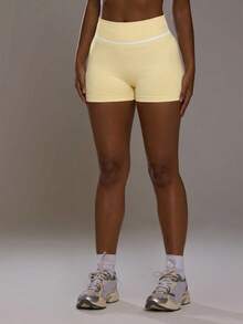 Musera Sport Contrast Colour Stripe High Waist Ruched Scrunch Bum Fitted Active Shorts Sport Workout Gym Cute Pilates Fitness Daily - Butter Yellow - View 4