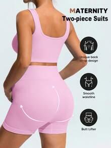 SHEIN Maternity Summer Solid Color Elastic Breathable Sports Bra And Shorts,Word Cup - Pink - View 2