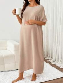 Slowluna Maternity Round Neck Solid Color Casual Daily Wear Maternity Dress Loungewear Pajama Nightgown Robe  - Apricot - View 5
