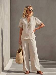 Faunlyn Women's Striped Notch V-Neck Short Sleeve Shirt And Pants Casual 2 Pieces Set - Khaki - View 5
