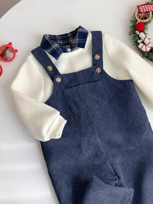 SHEIN 男嬰秋冬服裝套裝 2件/套，杏色加厚保暖內裡針織衛衣上衣搭配綠色燈芯絨格紋吊帶連身褲，舒適百搭時尚，可愛休閒極簡基礎款，適合室內、戶外滑雪、日常、運動、玩耍、派對、拍照、節日、萬聖節、聖誕禮物、新年、聖誕毛衣、聖誕派對、冬季衣物、長袖上衣 - 彩色 - 查看 5