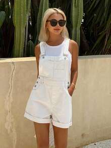 Livesso 女款夏季秋季六月節可調節肩帶鈕扣大口袋寬鬆純白色棉質短牛仔吊帶褲 - 白色 - 查看 4
