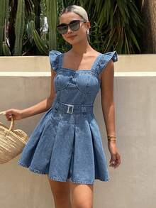 DAZY Women's Sweetheart Neckline Flutter Sleeve Pleated Hem Denim Dress Vacation - Blue - View 4
