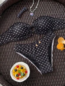 Swim Mod 春夏時尚海洋印花設計貝殼飾品海灘兩件式性感比基尼度假套裝 - 黑色 - 查看 5