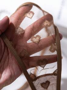 SHEIN 愛心網格與愛心蕾絲鋼圈內衣與丁字褲內衣 2 件組 - 咖啡棕 - 查看 6