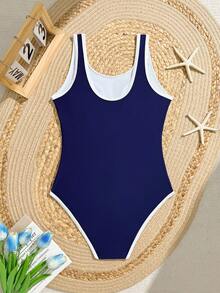 SHEIN Traje de baño de una pieza con doble tirante azul marino, lindo, casual y modesto para niña preadolescente, estilo elegante y sofisticado de dama, adecuado para vacaciones de verano, playa, y piscina - Azul Marino - Ver 3