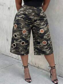 Slaydiva Celana Capri Panjang Wanita Ukuran Plus Musim Semi/Panas Terbaru, Motif Kamuflase, Desain Potongan, Gesper Logam, Hiasan Lubang Kancing, Gaya 90-an, Kasual, Cocok untuk Makan Siang, Kencan, dan Malam Hari - Hijau Tentara - View 8