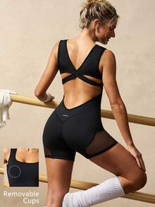 VARSIVA Women's Summer Mesh Patchwork Solid Color Elastic Jumpsuit, Summer Casual Elegant Jumpsuit, Suitable For Yoga, Gym, Casual, Vacation, Sports - Black - View 12