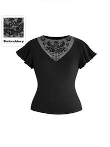ROMWE Plus Size Women Gothic Botanical Moth Moon Sun Mushroom Print Mesh Patchwork Embroidered Deep V-Neck Ruffle Sleeve T-Shirt - Black - View 1