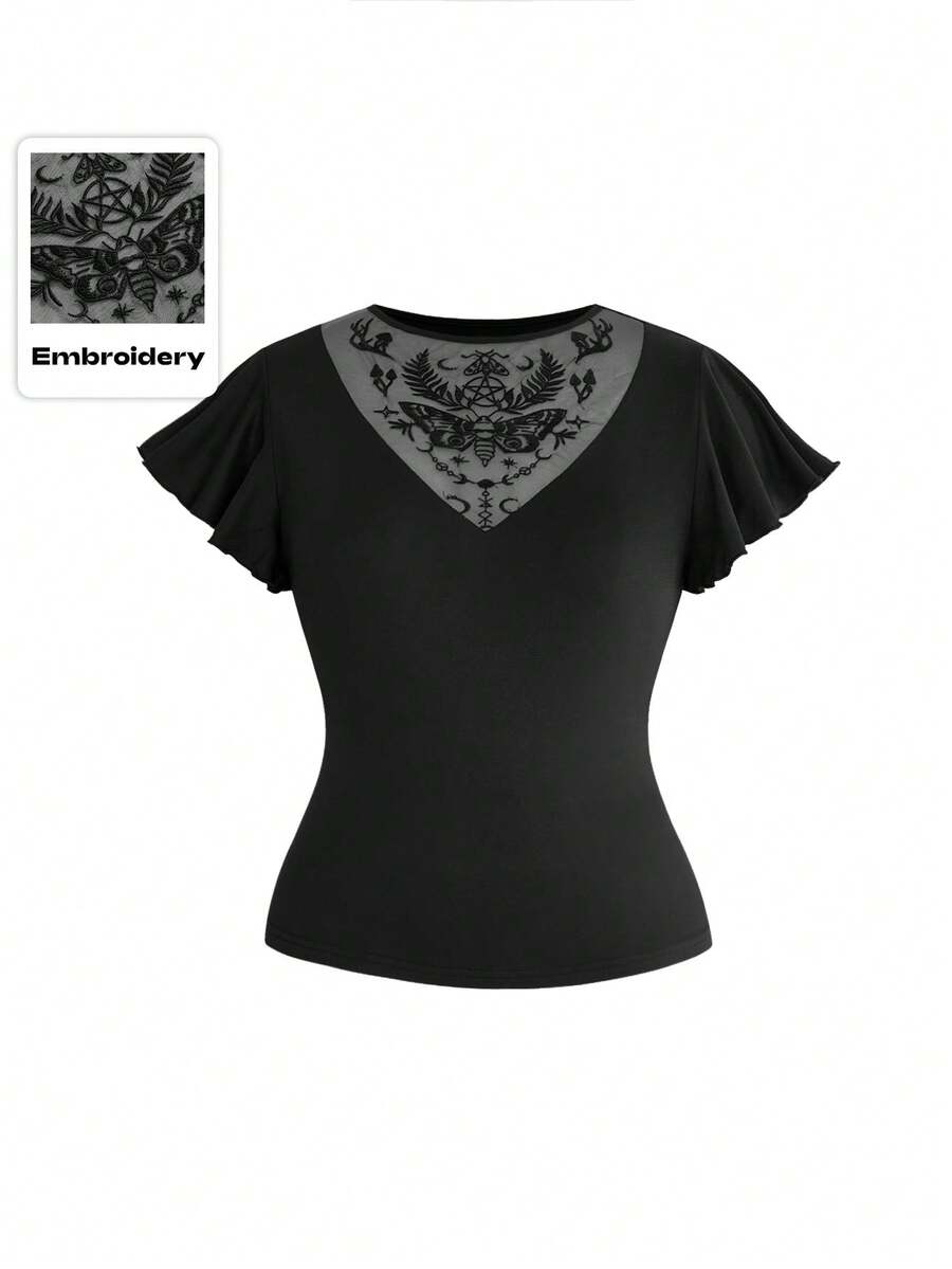 ROMWE Plus Size Women Gothic Botanical Moth Moon Sun Mushroom Print Mesh Patchwork Embroidered Deep V-Neck Ruffle Sleeve T-Shirt - Black - View 1