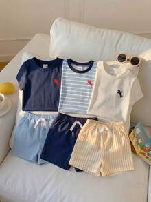 SHEIN Playful Pals 3套男嬰短袖上衣與短褲，多款清新配色可選，休閒混搭，胸前簡單馬騎圖案，清爽日韓風，經典色調，柔軟針織圓領短袖上衣搭配鬆緊腰帶織紋短褲，附織帶細節，條紋元素，動物元素，適合春/夏、夏季，適用 6M-3T - 彩色 - 查看 7