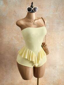 Mistrie Women's Strapless Ruffle Hem Romper Club Party Night Pale Yellow Summer Rave Sexy - Yellow - View 4