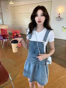 DAZY Women's Girls Korean Style Washed Casual Denim Dress School Cute Tops - Blue - View 6