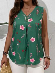 EMERY ROSE Plus Size Summer Countryside V-Neck Floral Printed Summer Sleeveless Blouse, Casual - Green - View 3