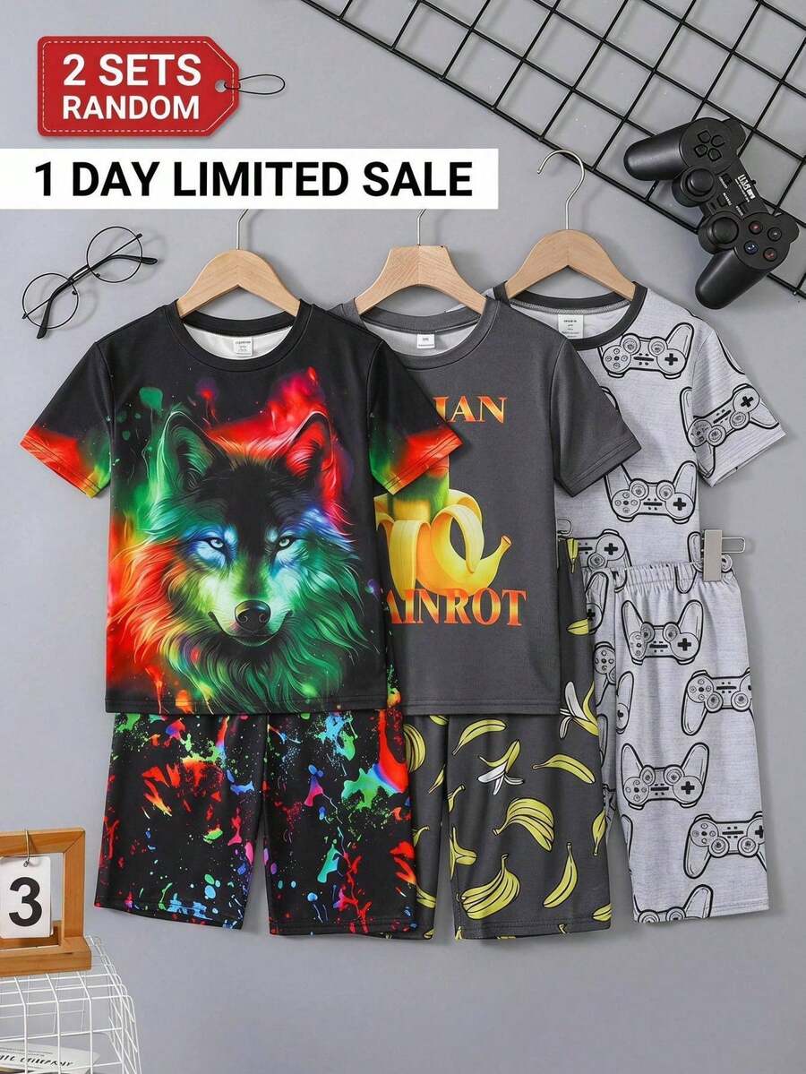 男童修身狼头图案圆领短袖短裤舒适休闲睡衣套装,2件套 - 灰色 - 查看 1