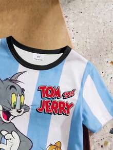 TOM & JERRY X SHEIN GraphicGems 小男孩卡通與條紋圖案對比飾邊短袖T恤與短褲2件套 - 藍色 - 查看 4