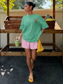 Comfortcana Oversize T-Shirts Casual Minimalist Shrimp Pattern Crew Neck Short Sleeve Ultra Loose Plus Size T-Shirt, Beach Holiday Vacation Mint Green Summer - Green - View 6
