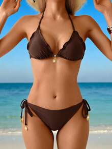 Swim Vcay Women's Summer Vacation Gold Sun Decor Black Bikini Set Beachwear - Brown - View 3