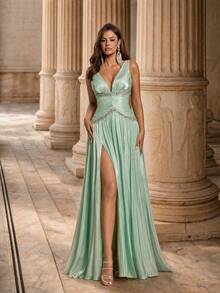 Glamrae Elegant Green Organza Fabric Rhinestone Chain Decor Bustier Ultra-Full Skirt Party Dress Wedding Guest Dress Bachelorette Dress Formal Evening Gown - Green - View 6